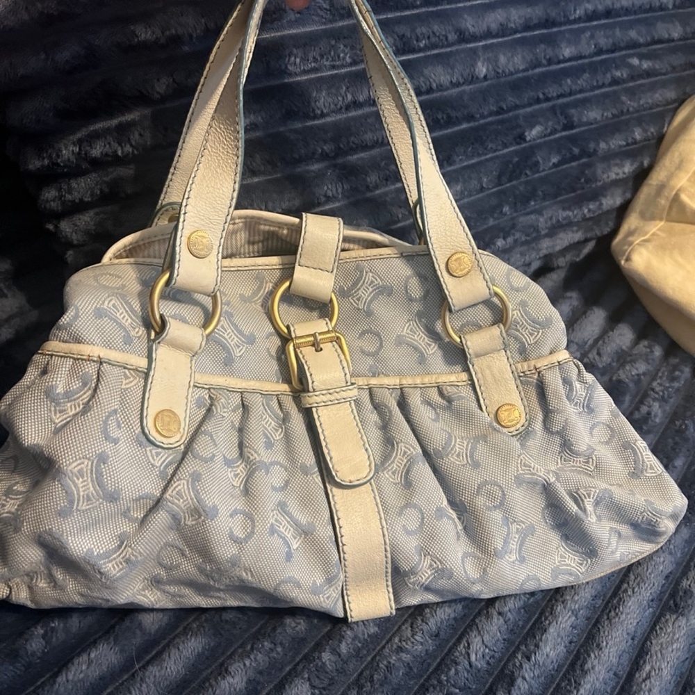 Celine Light Blue Monogram Shoulder Bag with Gold-Tone Hardware